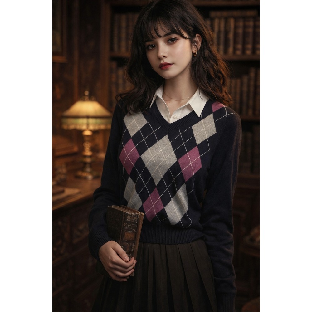 Dark Academia Preppy Y2K Retro IZOD Argyle V-Neck Long Sleeve Pullover Sweater M